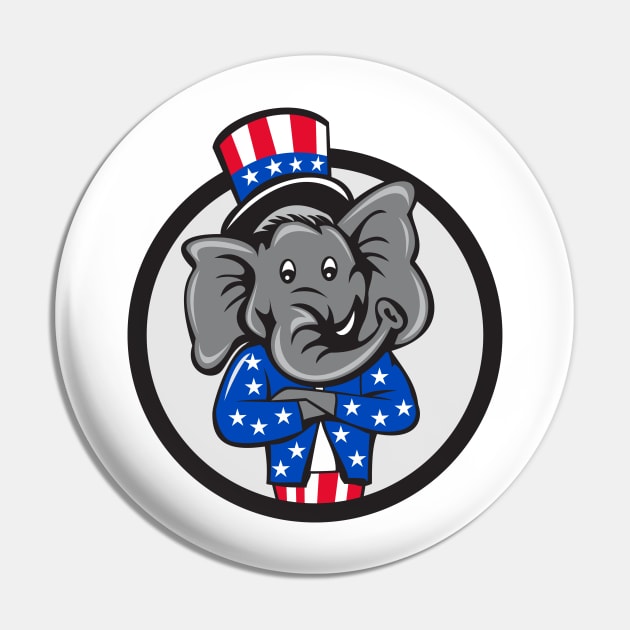 Republican Elephant Mascot Arms Crossed Circle Cartoon Pin by retrovectors