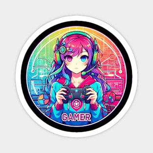 Neon Anime Manga gamer girl playing video games Magnet