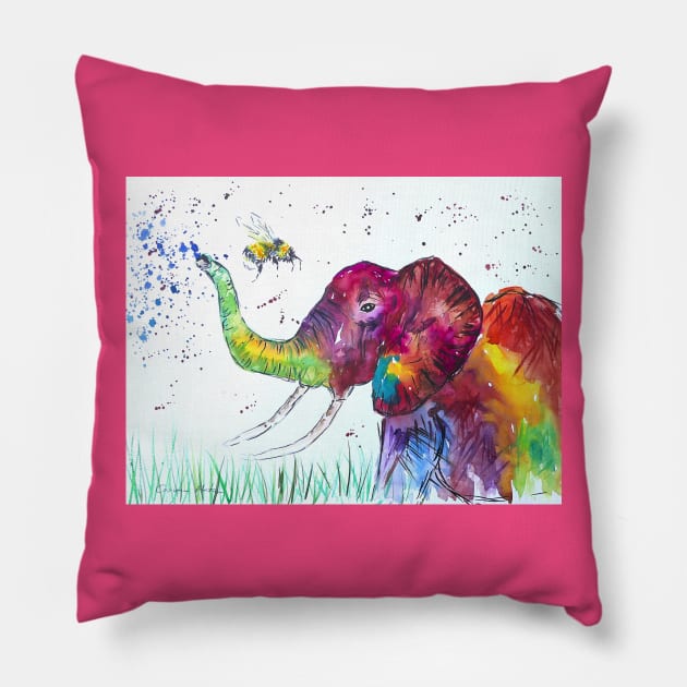 Colourful Elephant and a Bumble bee Pillow by Casimirasquirkyart