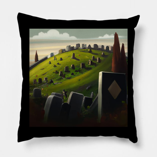 Cemetery Graveyard Headstones Green Hills Painting Digital Artwork Pillow by DesignIndex