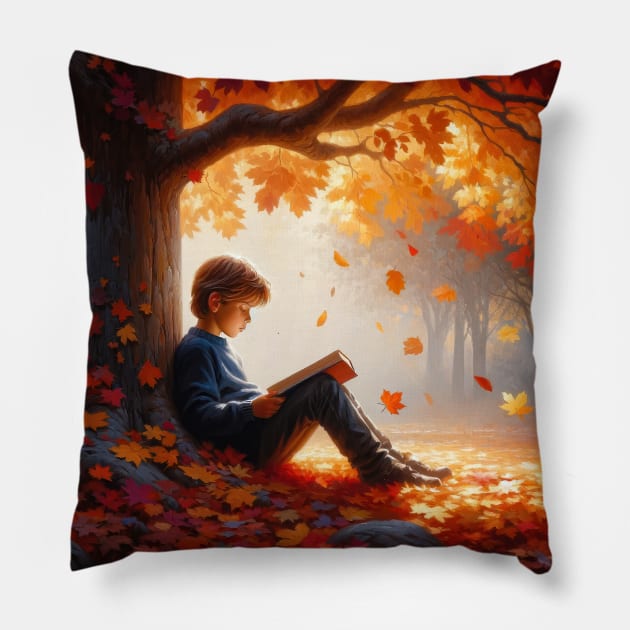 Boy Reading a Book Under a Tree in the Fall - Landscape Pillow by jecphotography