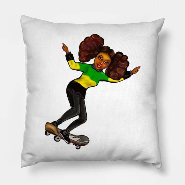 Jamaica jumper skateboarding girl- manga anime Jamaican girl on a skateboard wearing jumper with the  colours of Jamaican flag in black green and yellow Pillow by Artonmytee