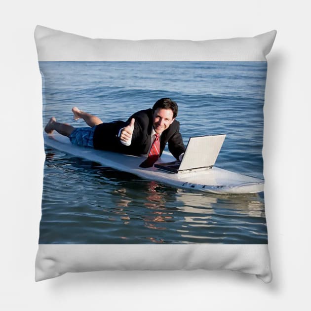 The Art of Stock-like photos 2 - Surfing businessman Pillow by Lukasking Tees