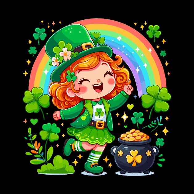 A cute Irish Lassie dancing an Irish jig celebrates St Patrick's Day with a rainbow a pot of gold and shamrocks Irish Pride Irish American four leaf clovers by Tees 4 Thee