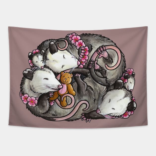 Sleeping Virginia Opossum pile Tapestry by animalartbyjess