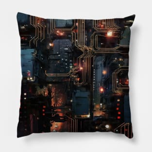 Cyber Circuit Cityscape Pillow