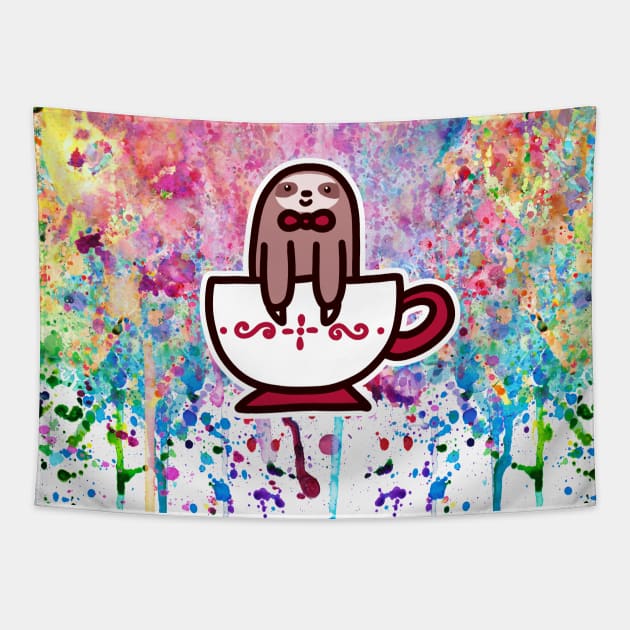 Teacup Bowtie Sloth Rainbow Paint Tapestry by saradaboru