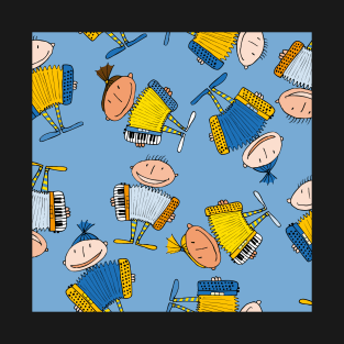 little accordionists - repeating pattern on blue T-Shirt