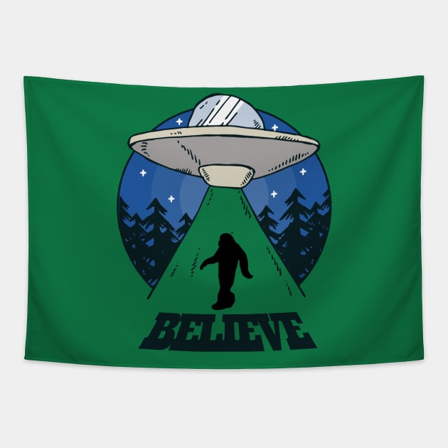 Bigfoot UFO Believe Conspiracy Theory Tapestry by UNDERGROUNDROOTS