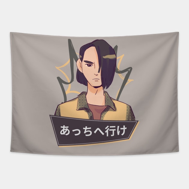 Angry Anime character: Go away written in Japanese Tapestry by Magitasy