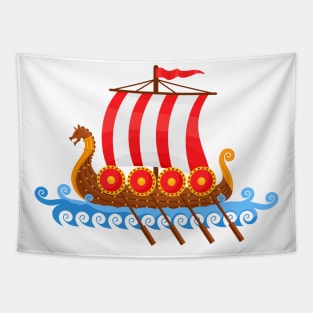 Cute Viking Ship Cartoon Illustration Tapestry