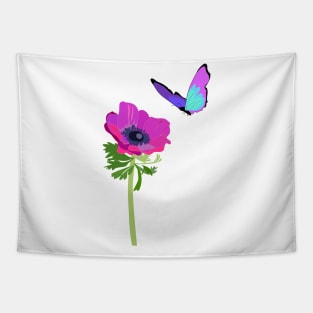 Purple blue butterfly and anemone Tapestry