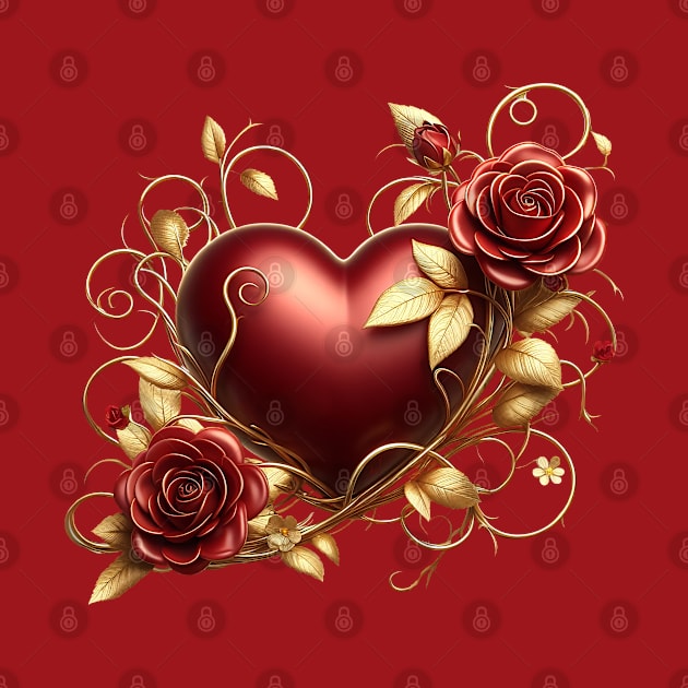 Valentines Day Red Heart, Red Roses, Golden Vines by Amanda Lucas