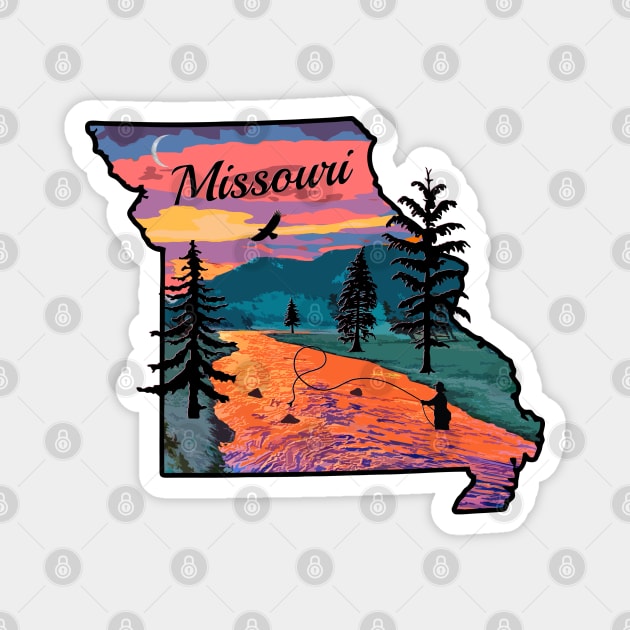 Fly Fishing Missouri State Map Mountain Sunset River Retro Magnet by TeeCreations