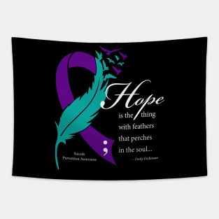 Suicide Hope Feather Ribbon, white type Tapestry