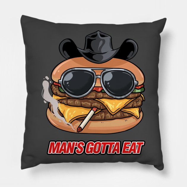 Mans Gotta Eat | Funny Cheeseburger Pillow by QuicksilverTech