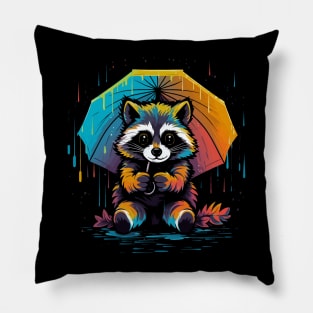 Raccoon Rainy Day With Umbrella Pillow