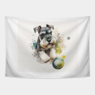 Miniature Schnauzer Playing Ball Watercolour Painting Tapestry