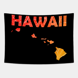 Colorful mandala art map of Hawaii with text in red and orange Tapestry