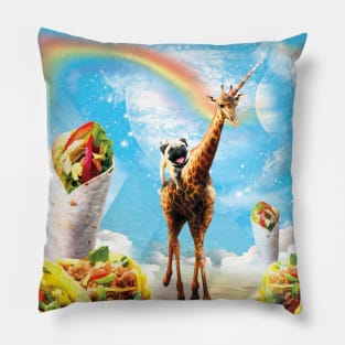 Pug Riding Unicorn Giraffe in the World of Mexican Dishes Pillow