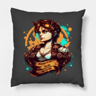 Steampunk Pilot Female Powering the past fueling the Future Pillow