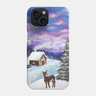 festive winter wonderland scenery mountain evergreen fawn deer Christmas snowy cabin Phone Case