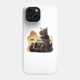 a cat racing a car across the desert Phone Case