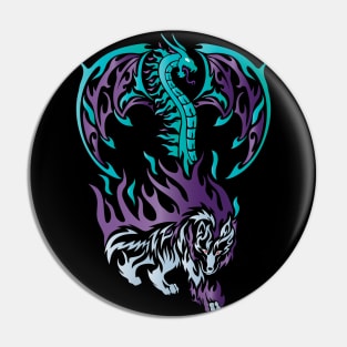 Tribal / Tattoo Art Style Ice Dragon and Grey Wolf Pin