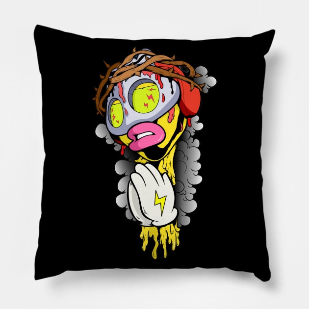 Dope Slluks character posing jesus praying gesture illustration Pillow by slluks_shop