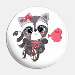 Cute raccoon on a red bike. Pin