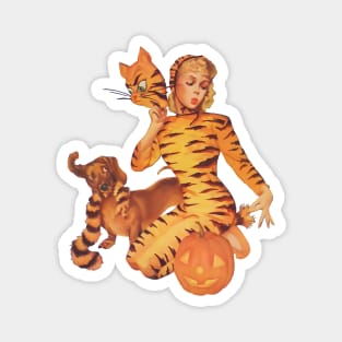 REVISTANGO #54 - The Tiger Girl—Blonde Pin-Up Kneeling Beside Jack-O’-Lantern and Puppy in Classic Midcentury Pulp Halloween Artwork Magnet