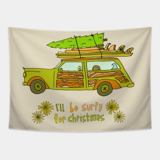 ill be surfy for christmas // retro surf art for surfy birdy Tapestry