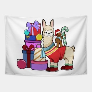 With gingerbread man - llama Christmas Tapestry