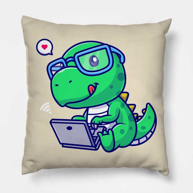 Cute Dino Working On Laptop Cartoon Pillow by Catalyst Labs