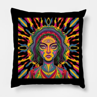 Colorful Psychedelic Girl Trippy Abstract Third Eye Vision Pillow