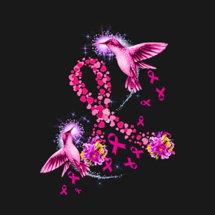 Womens Hummingbird Flower Pink Ribbon Breast Cancer Awareness T-Shirt