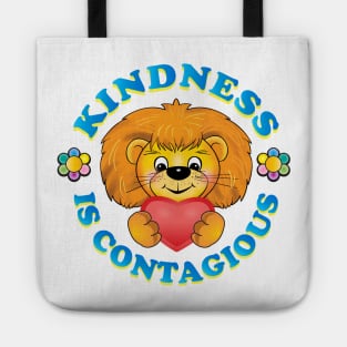 Kindness is contagious, positive quote, be kind life style, care, Little cute teddy lion gives a heart, with love. Be Kind. Cartoon style joyful illustration, kids gifts design Tote