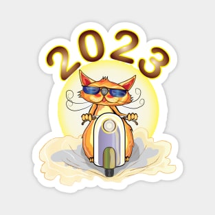 cat riding a scooter new year 2023 Magnet