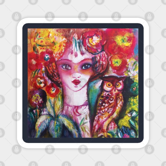 WOMAN PORTRAIT WITH OWL AND RED FLOWERS Magnet by BulganLumini