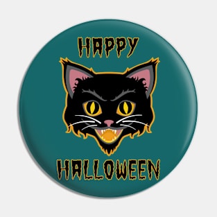 Vintage Happy Halloween Black Cat. On Green Pin