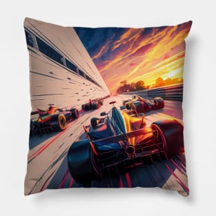 F1 racing at sunset Pillow