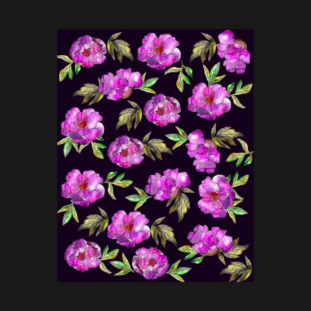 Peonies Flowers Watercolor Ink Cute dark purple by ArtInPi