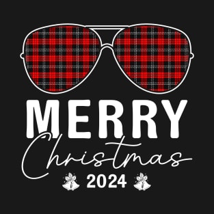 Sunglass Plaid Merry Christmas 2024 For Family Matching T-Shirt