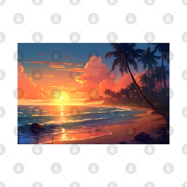 Paradise Beach at Sunset Landscape – Anime Wallpaper by KAIGAME Art