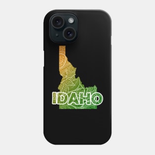 Colorful mandala art map of Idaho with text in green and orange Phone Case