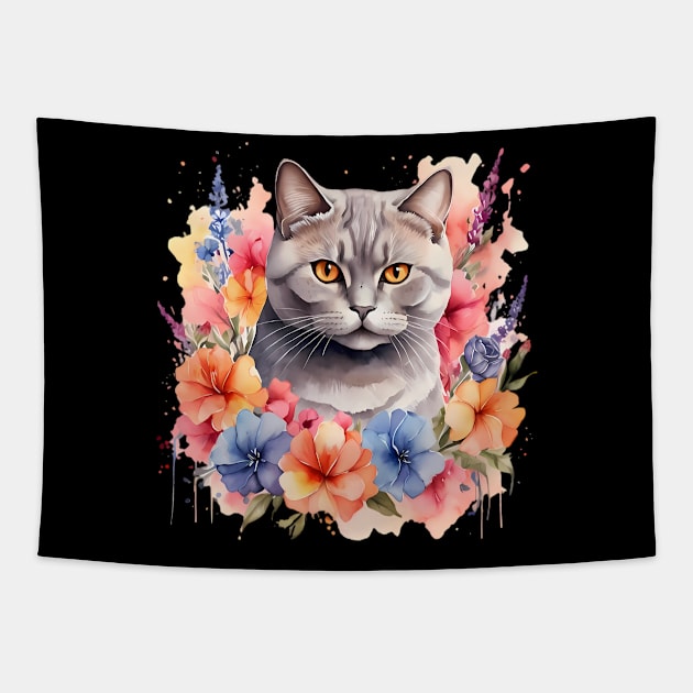 A british shorthair cat decorated with beautiful watercolor flowers Tapestry by CreativeSparkzz