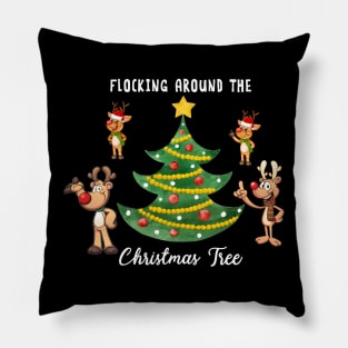 Reindeer Flocking Around Christmas Tree Pillow