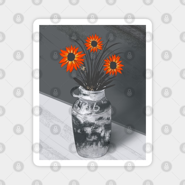 gray vase with orange flowers Magnet by Mimie20