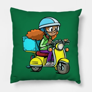 girl from a courier service on a motorcycle delivers a package Pillow