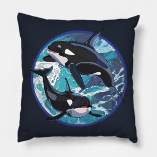 Oceanic Elegance: Stained Glass Style Circle Design T-Shirt with Two Orcas Pillow